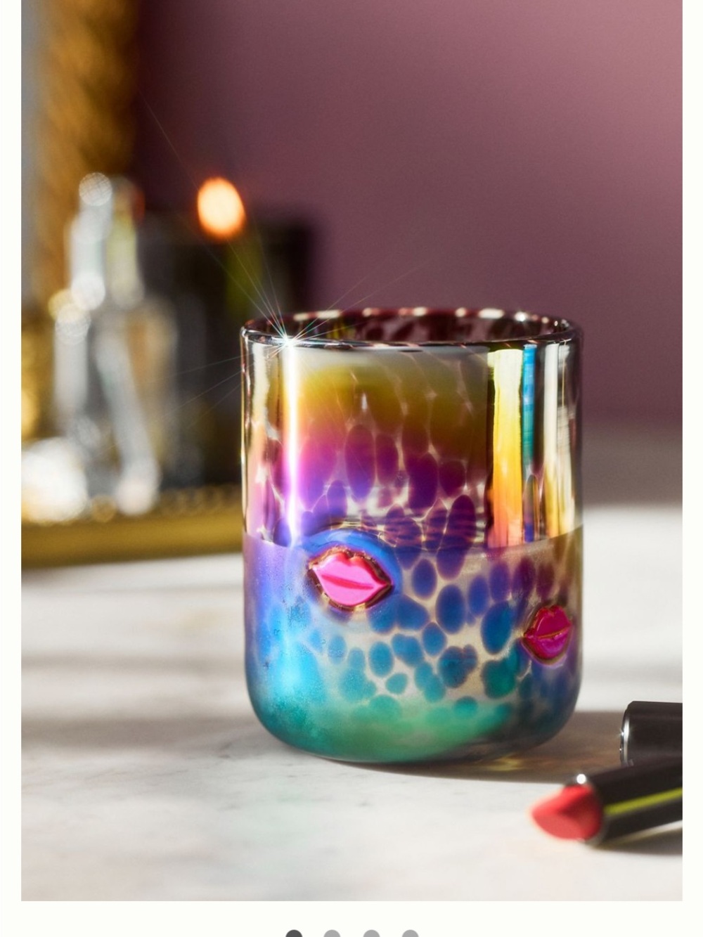 Anthropologie Marquee Icon Juice Glass with Pink Lips on Leopard background.